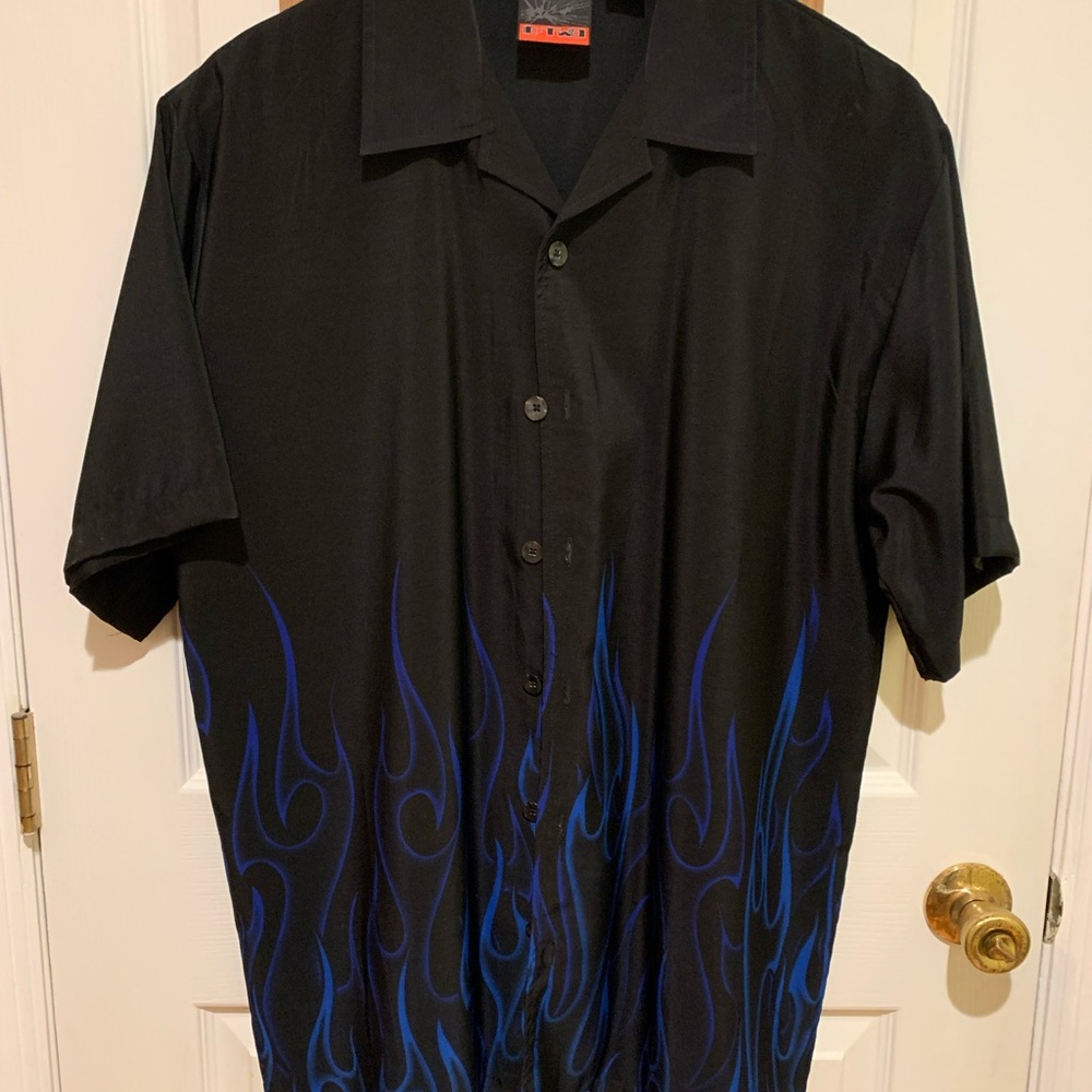 Casual Black and Blue Flame Button Down Shirt